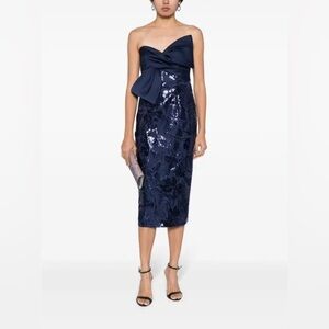 Marchesa Notte Lotus Sequin Midi Dress Size 2 Navy Formal Elegant Party Evening